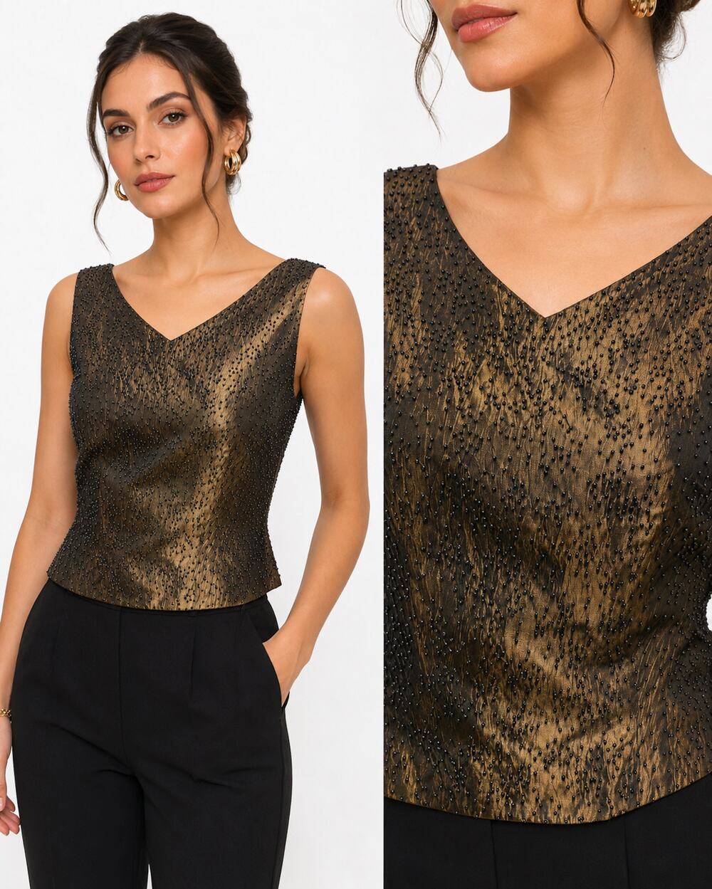Y2K Ann Taylor Bronze Beaded Shell Top Metallic Evening Top Size 2